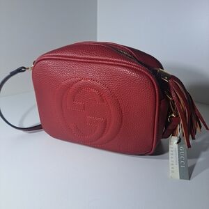 Luxury Bag G.u.c.c.i Red Pebbled Leather Crossbody with Tassel